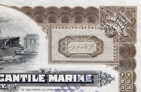 «International Mercantile Marine Co., common stock, superbigfat certificate, 1910s»